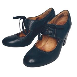 CLARKS LACE UP NAVY BLUE STACKED HEEL MARY JANES SZ 9